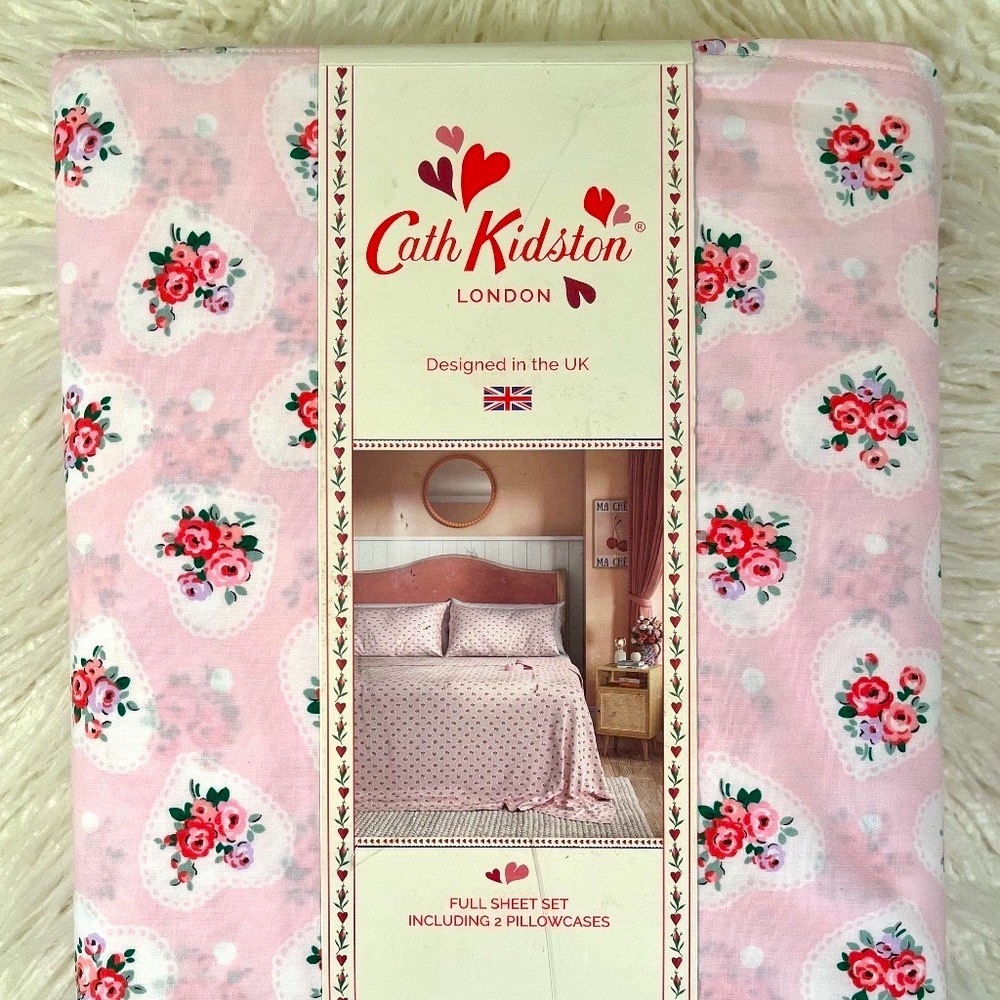 Cath Kidston "Full Sheet Set in Lace hearts on Pink" NWT